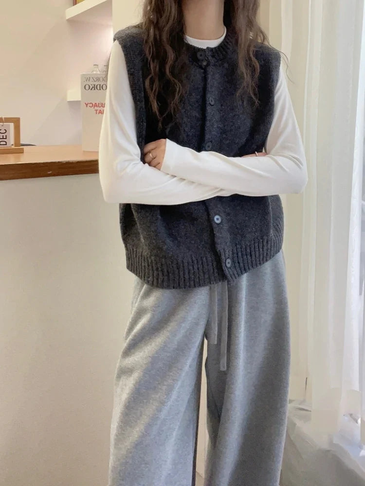 Gilet sans manches en maille boutonné pour femme Gris chiné