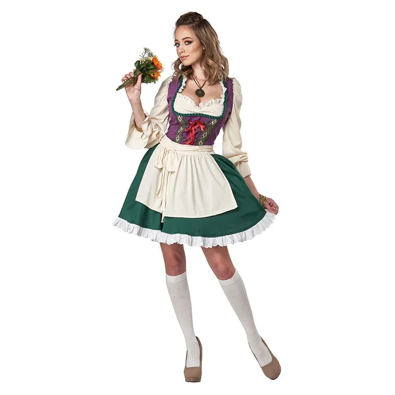 Tradycyjna damska sukienka dirndl w kolorze zielono-fioletowym z bluzką i rozkloszowaną spódnicą