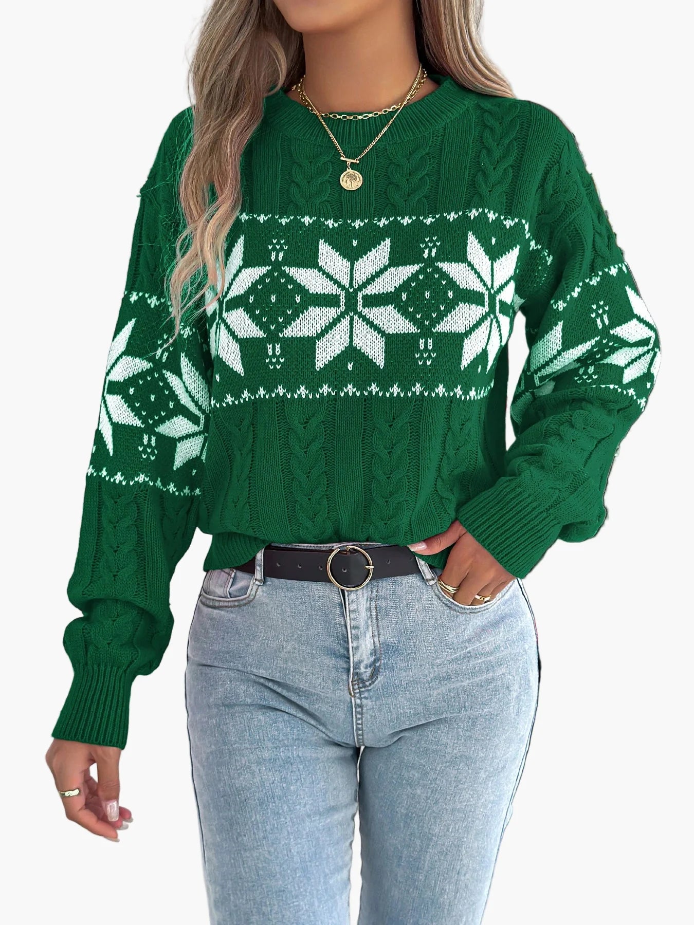 Damen Weihnachts-Pullover im nordischen Stil mit Schneeflockenmuster, ideal für Winter und Festtage