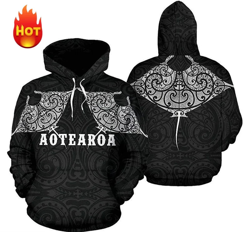 Printed tribal hoodie with sea turtle or manta ray motif, relaxed fit
