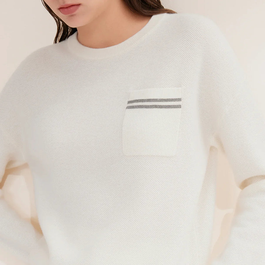 Jersey de cuello redondo para mujer, de punto fino, con bolsillo en el pecho y ribete brillante