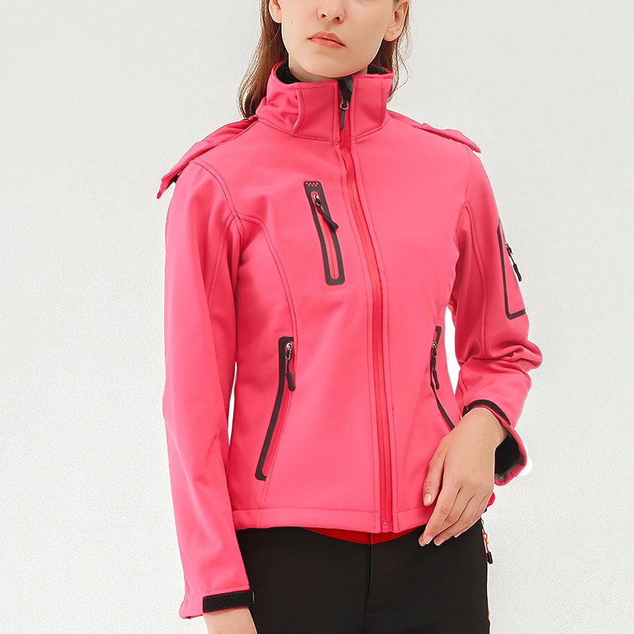 Veste Softshell Femme Zippée Imperméable Respirante Coupe-Vent avec Capuche Amovible