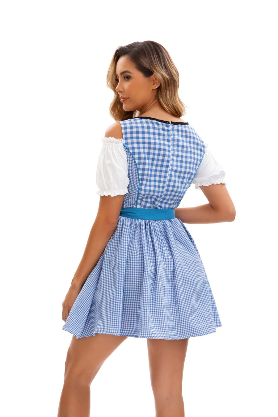 Blå- og hvidternet dirndl-kjole med forklæde og bluse til kvinder