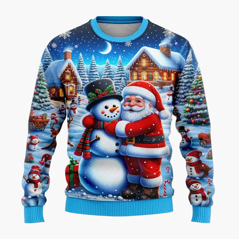 Unisex jultröja med fantasimotiv – Festlig scen med jultomte och snögubbe, perfekt för fester och presenter