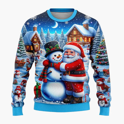 Unisex jultröja med fantasimotiv – Festlig scen med jultomte och snögubbe, perfekt för fester och presenter