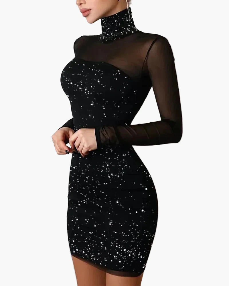 Robe de soirée élégante à col montant et manches longues pour femme, style chic et glamour