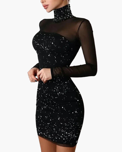 Robe de soirée élégante à col montant et manches longues pour femme, style chic et glamour