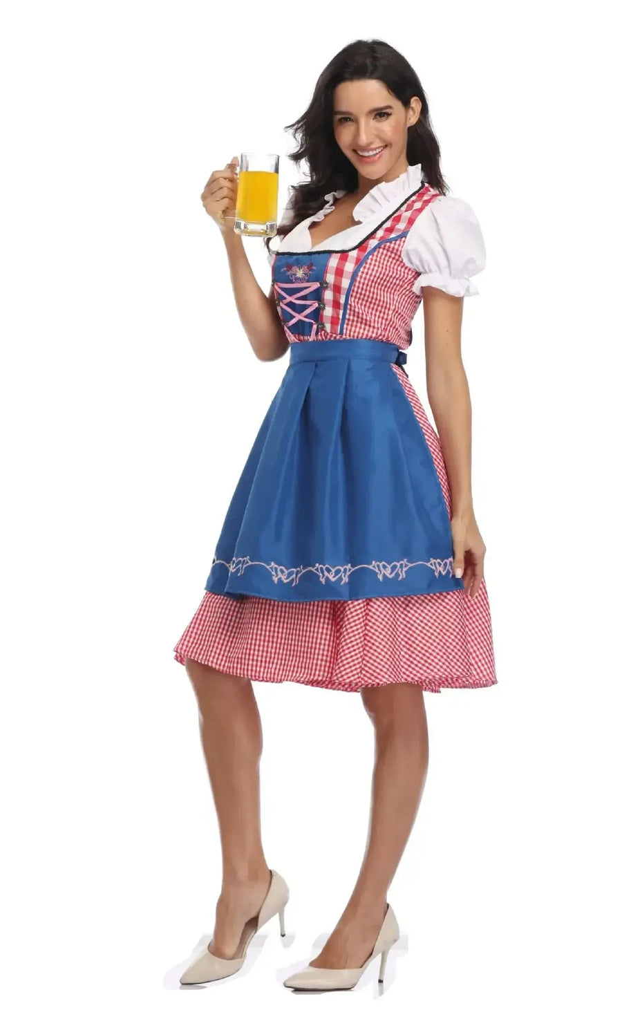 Traditionel dirndl-kjole med ternet mønster, korset og forklæde til kvinder