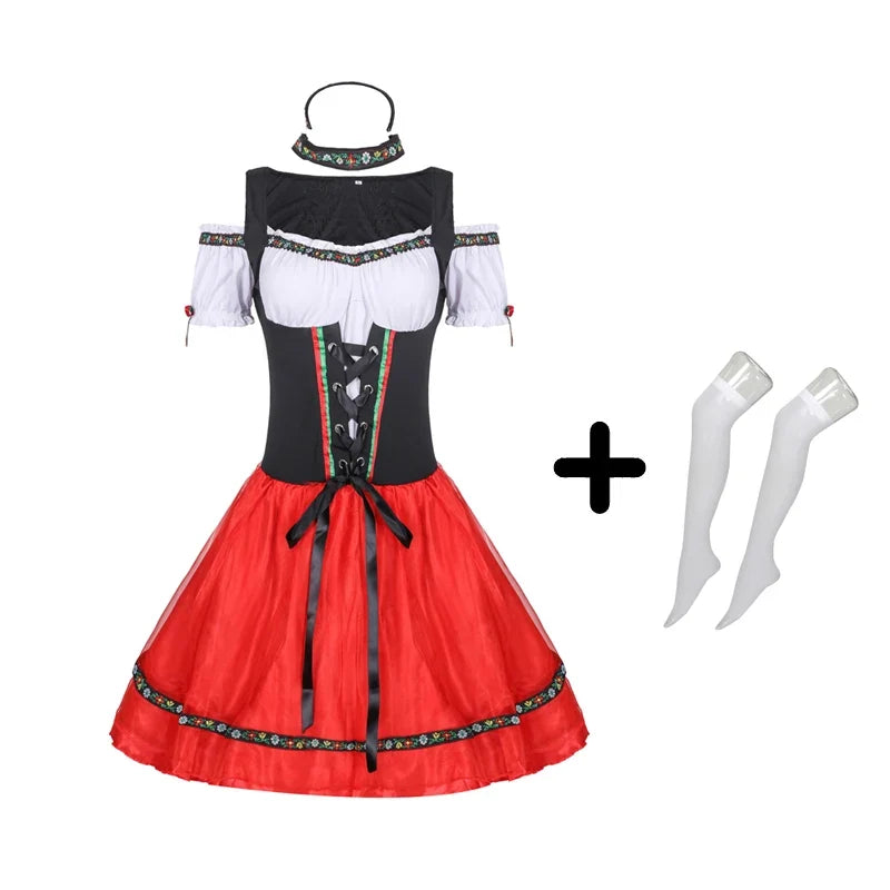 Robe Dirndl de Fête pour Femme – Corset Noir Lacé, Jupe Rouge et Blouse Blanche