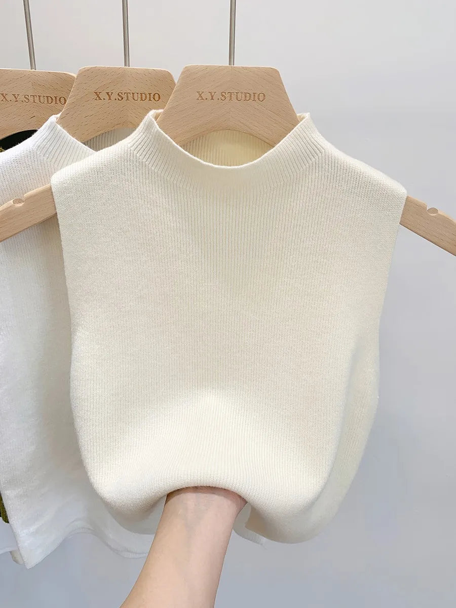 Women's plain knitted sleeveless turtleneck