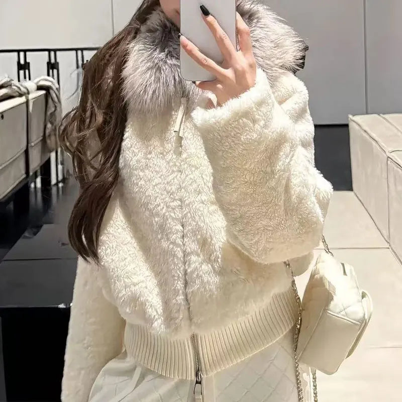 Veste courte effet peluche femme marron avec col doux