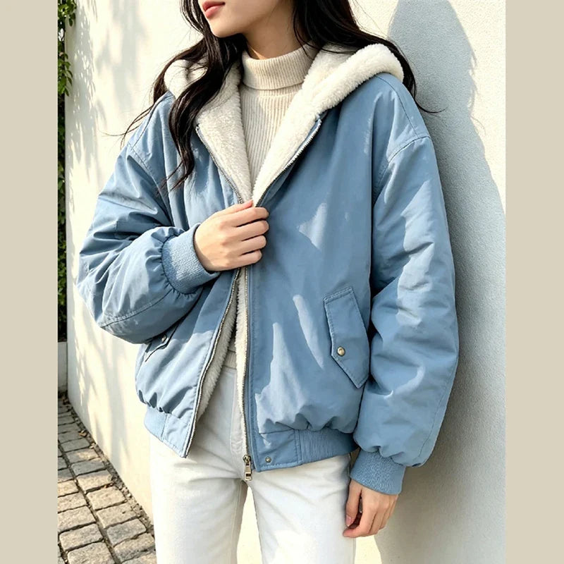 Veste bomber femme réversible à capuche en polaire doux et tissu uni