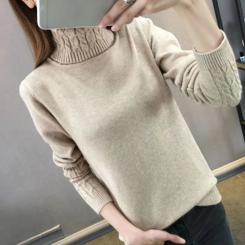 Women's light gray twisted ribbed-knit turtleneck sweater
