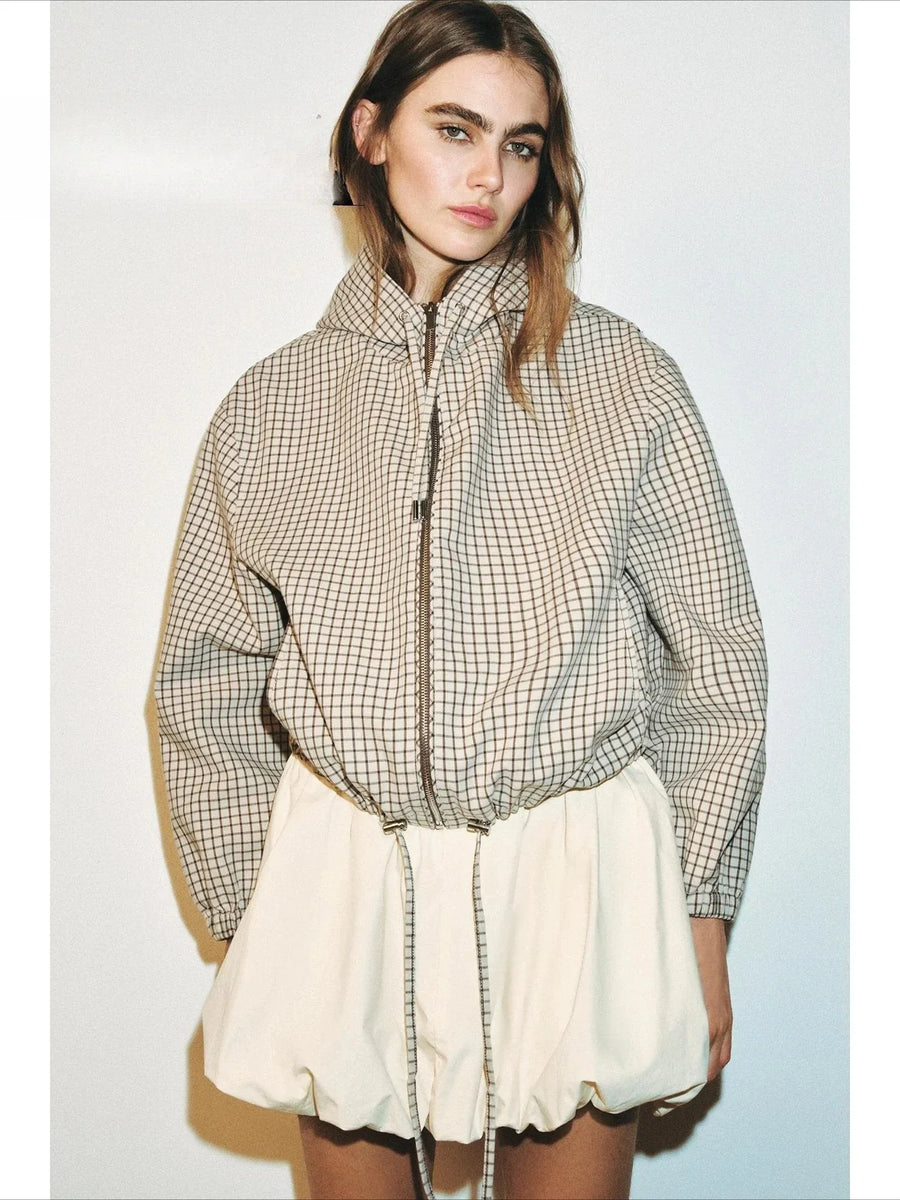 Veste légère à carreaux beige avec capuche et cordon de serrage femme