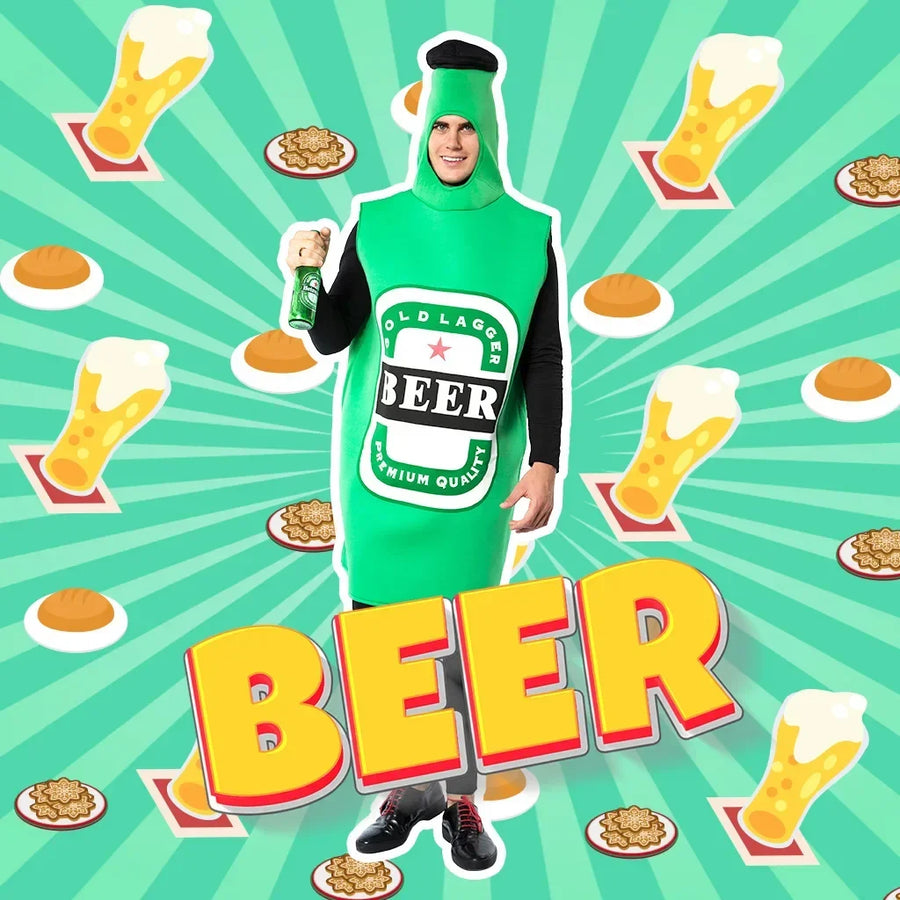 Déguisement Bouteille de Bière Verte Adulte avec Coiffe Intégrée et Imprimé "BEER"