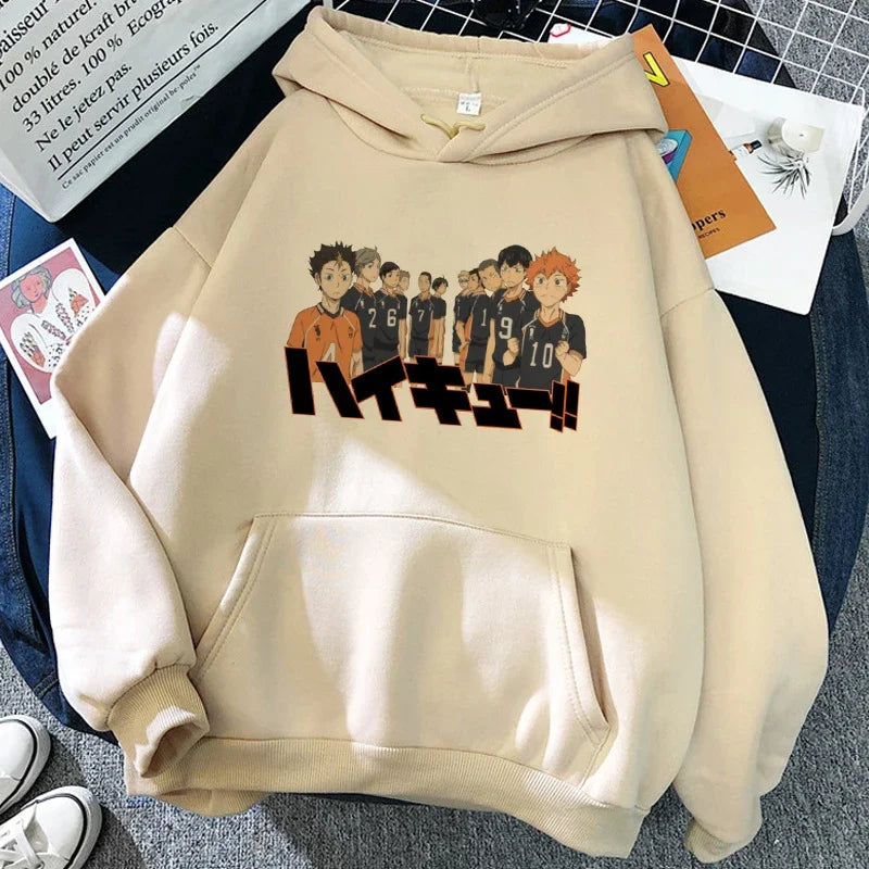 Unisex hettegenser med Haikyuu-grafikktrykk, avslappet stil