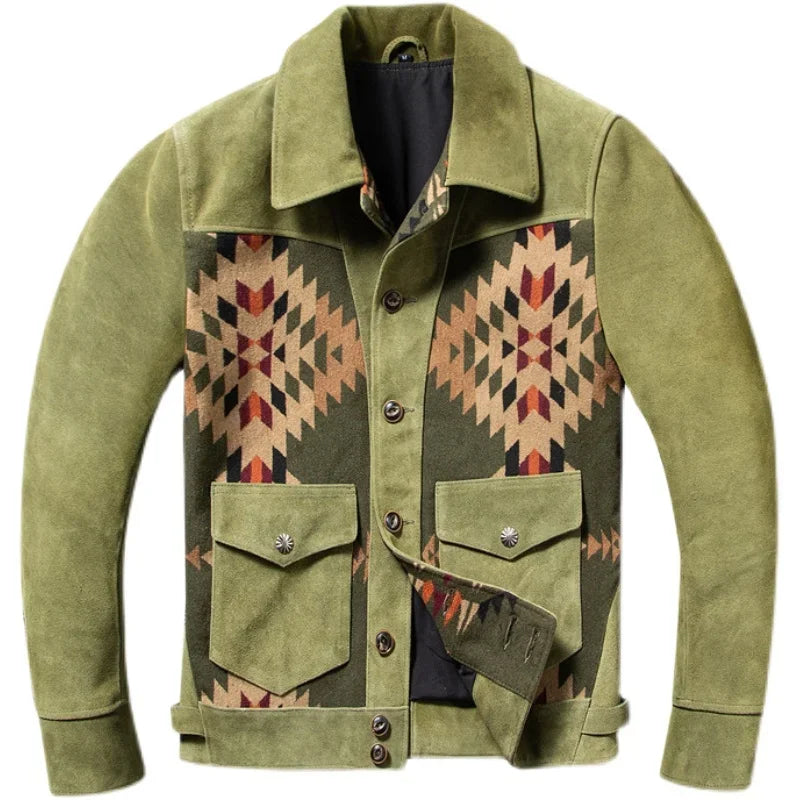 Veste Homme Patchwork Motifs Géométriques Col Chemise Boutons Style Western Beige