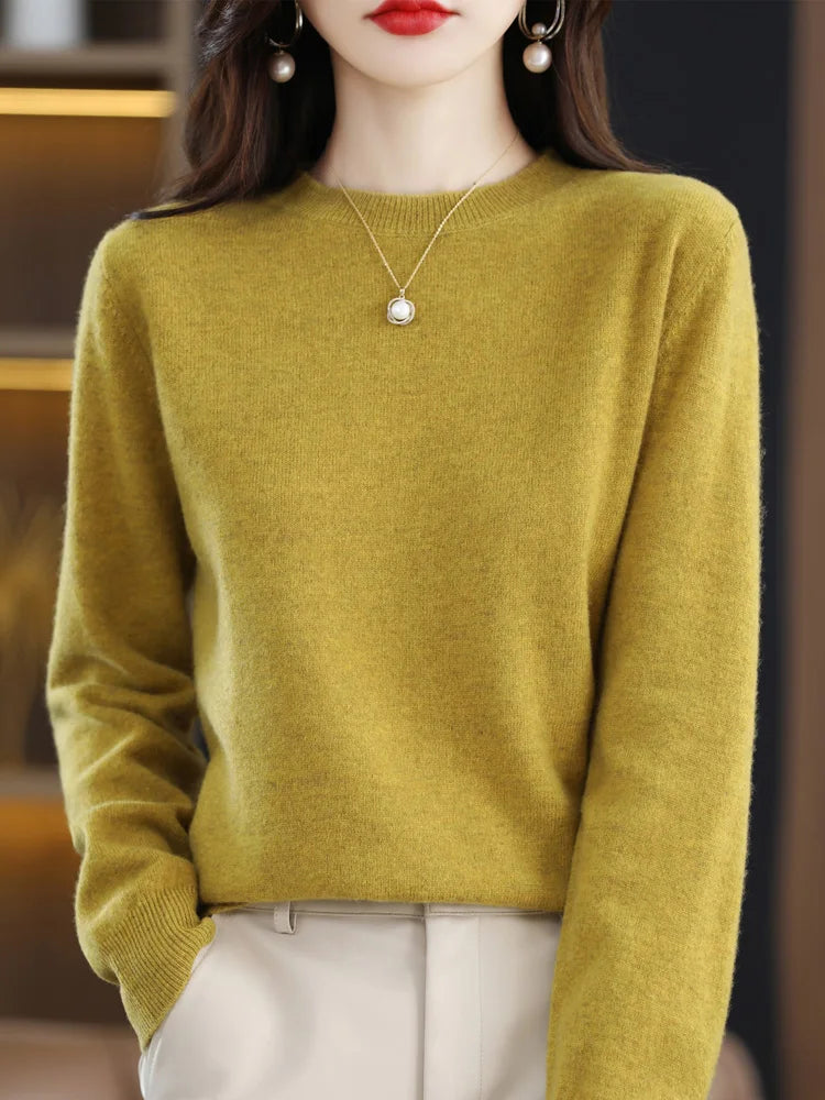 Pull col rond basique femme manches longues uni