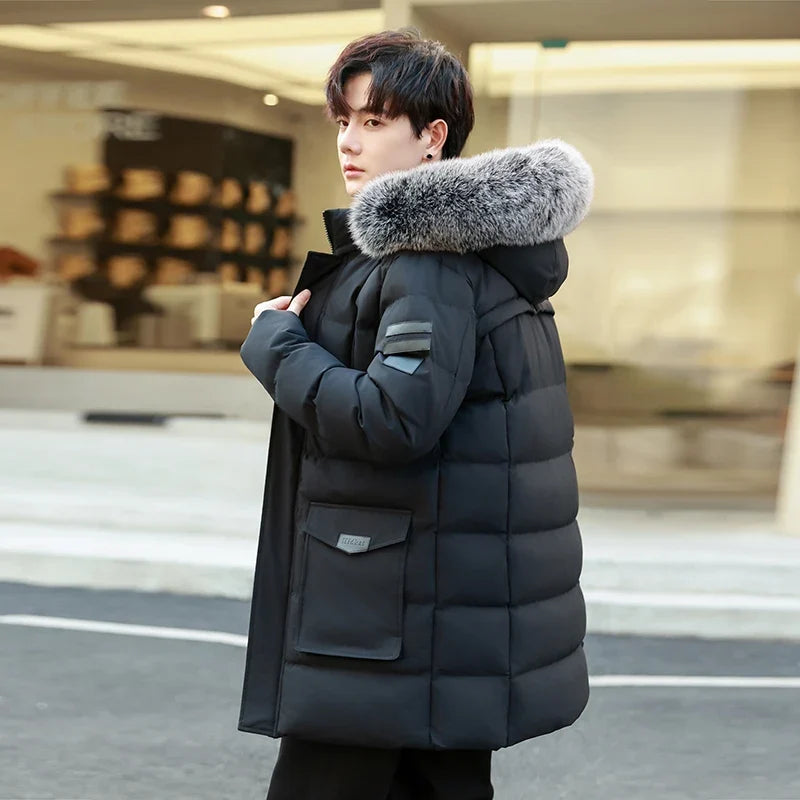 Men's Long Hooded Puffer Jacket with Removable Fur Trim, Casual Style