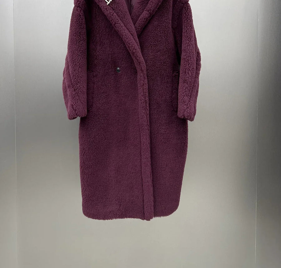 Manteau long femme doux à capuche style Teddy avec moufles assorties