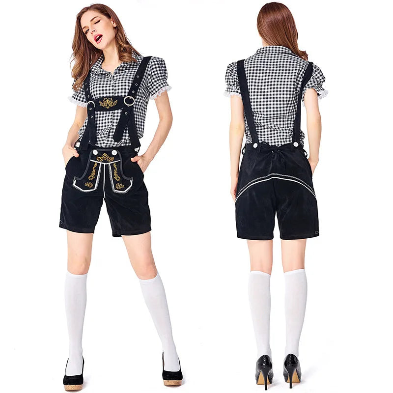 Damen-Lederhosen-Set mit Karomuster, Hemd und Träger-Shorts im bayerischen Stil