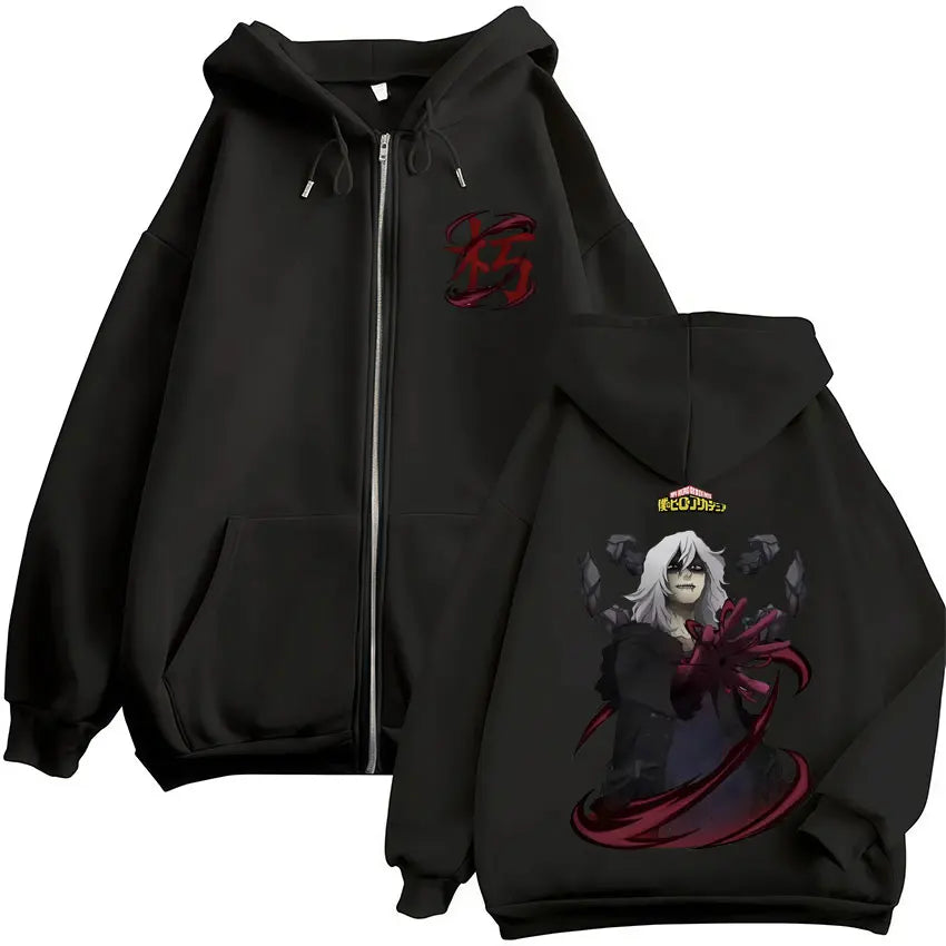 Sweat à capuche zippé imprimé motif fantaisie avec poches kangourou