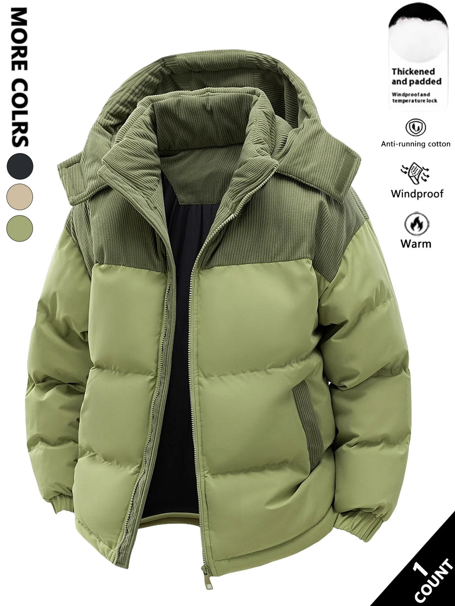 Black two-tone quilted hooded puffer jacket with corduroy-style design