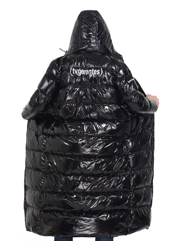 Men's long shiny black hooded puffer coat