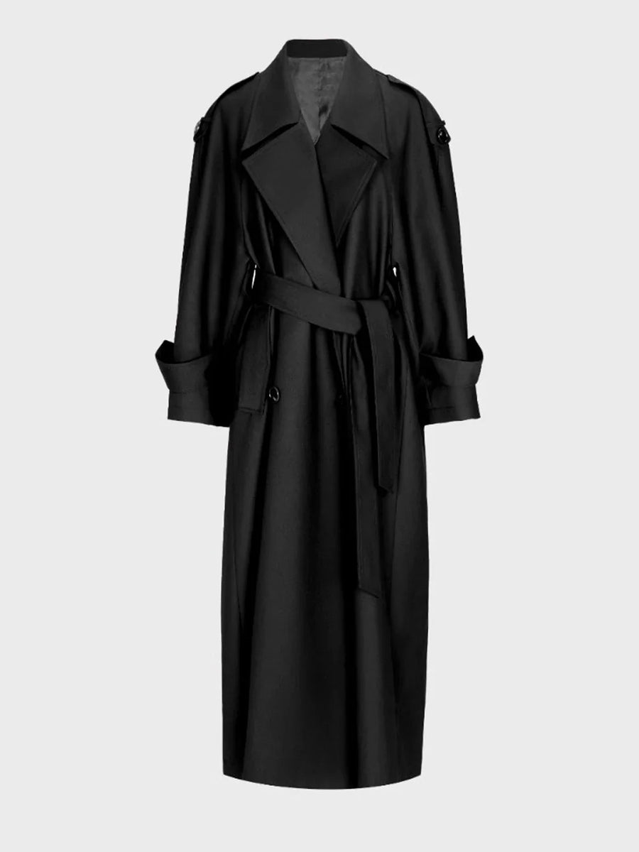 Lange damestrenchcoat met ceintuur en brede revers in aubergine
