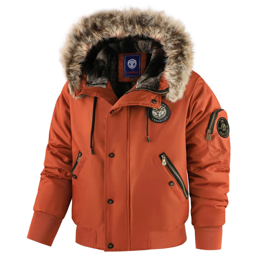 Chaqueta bomber de hombre con capucha ribeteada de piel sintética y forro cálido, negra