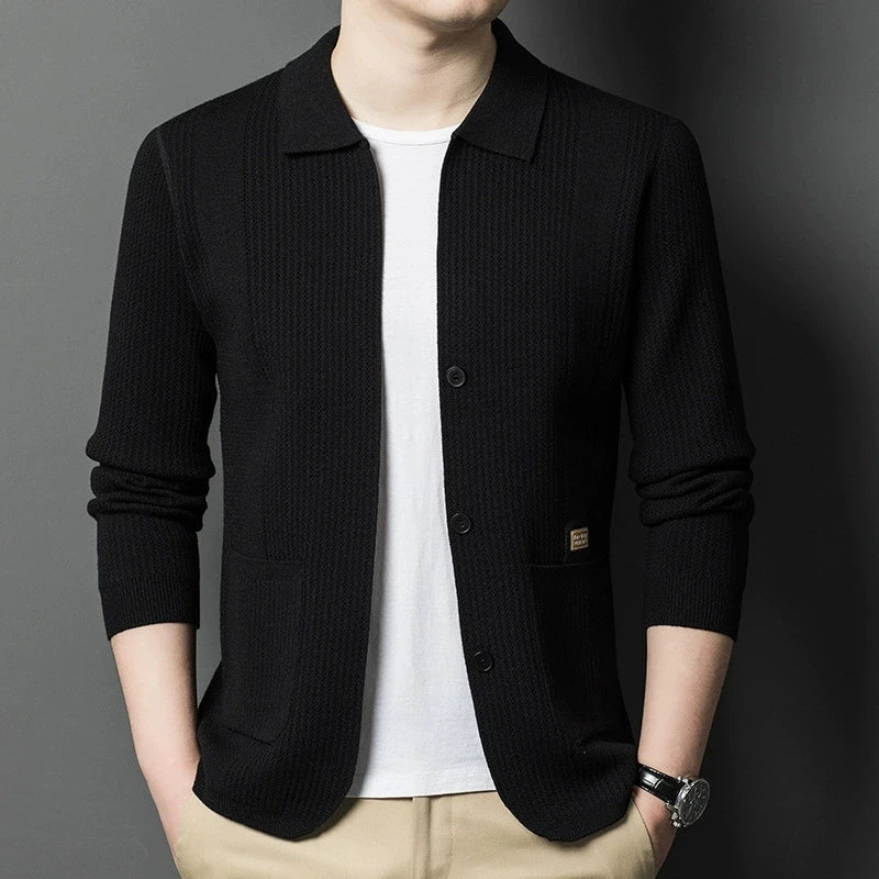 Cardigan Homme Tricot Col Polo Boutonné Poches Plaquées
