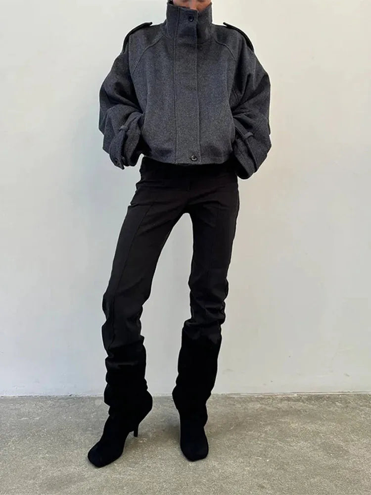 Veste courte ample à col montant pour femme, gris foncé, coupe oversize