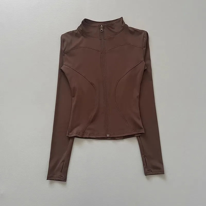Chaqueta deportiva con cremallera para mujer, cuello alto, mangas largas y orificios para los pulgares, para entrenar