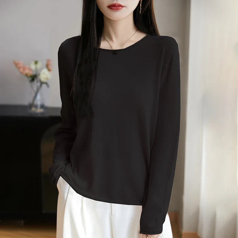 Suéter fino informal de mujer, de manga larga, cuello redondo y color liso