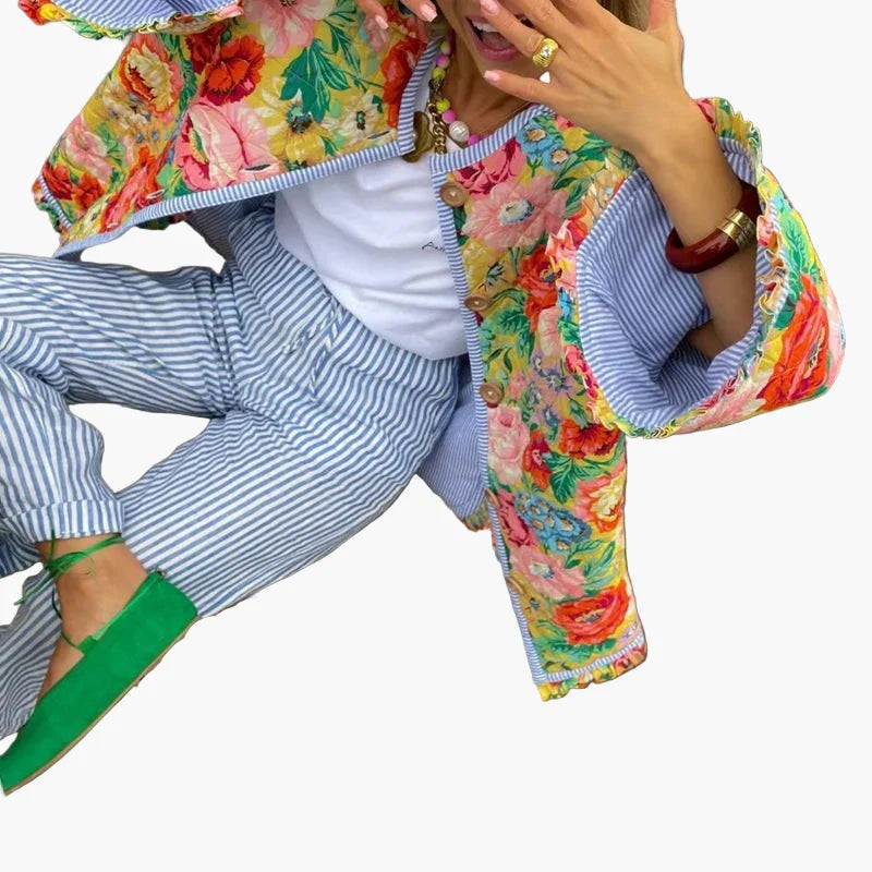 Boho pikowana kurtka damska w kwiatowy wzór oversize, idealna na wiosnę