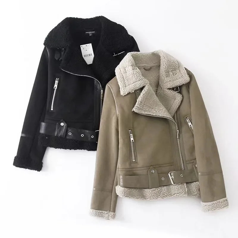 Women's Biker Aviator Jacket with Faux-Fur Collar and Lining - Black or Brown