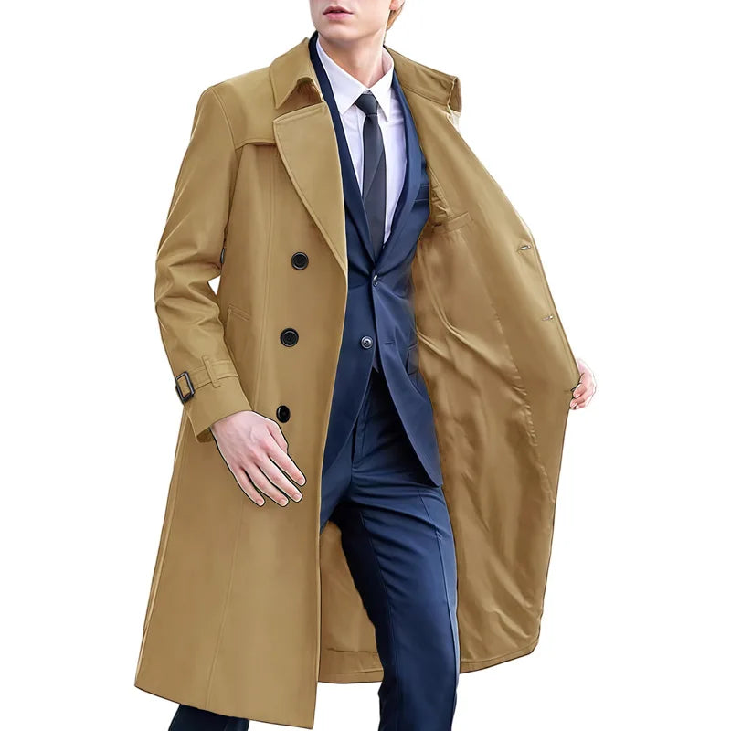 Lang trenchcoat for menn med dobbel knapperekke, klassisk snitt, belte og ermer