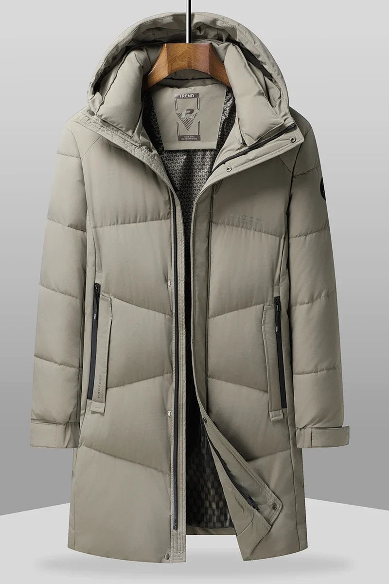 Long black quilted hooded men's puffer coat