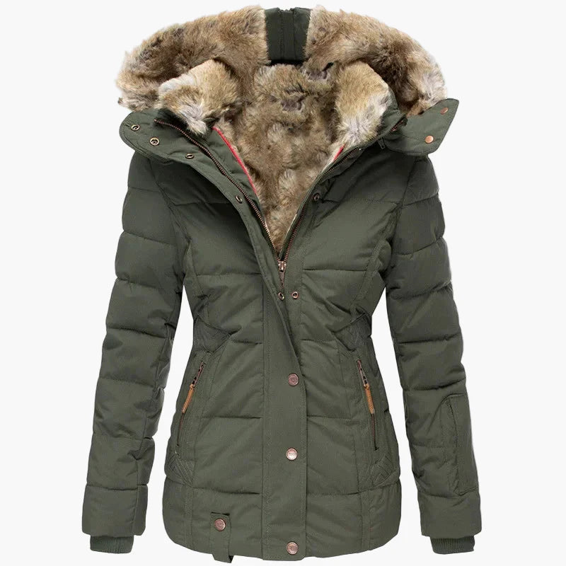 Vinterjakke til dame med hette, elegant urban stil, innsvingt passform, pelskrage og glidelåslukking