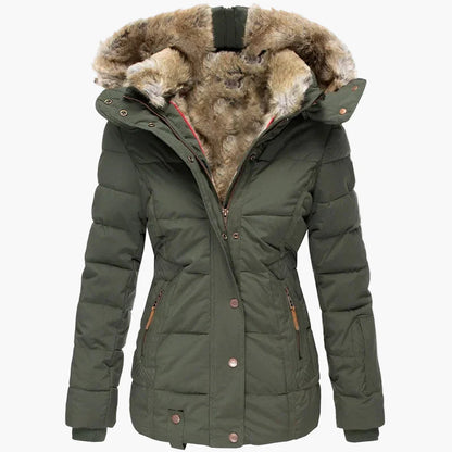 Vinterjakke til dame med hette, elegant urban stil, innsvingt passform, pelskrage og glidelåslukking