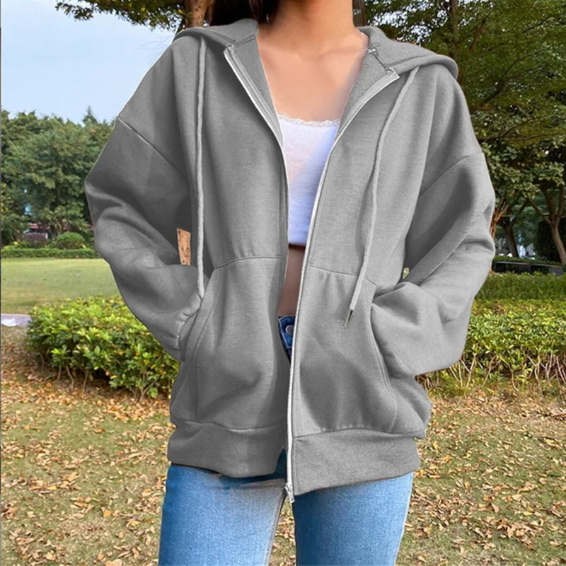 Ledig oversized sweatshirtjacka med dragkedja och huva för kvinnor, med fickor