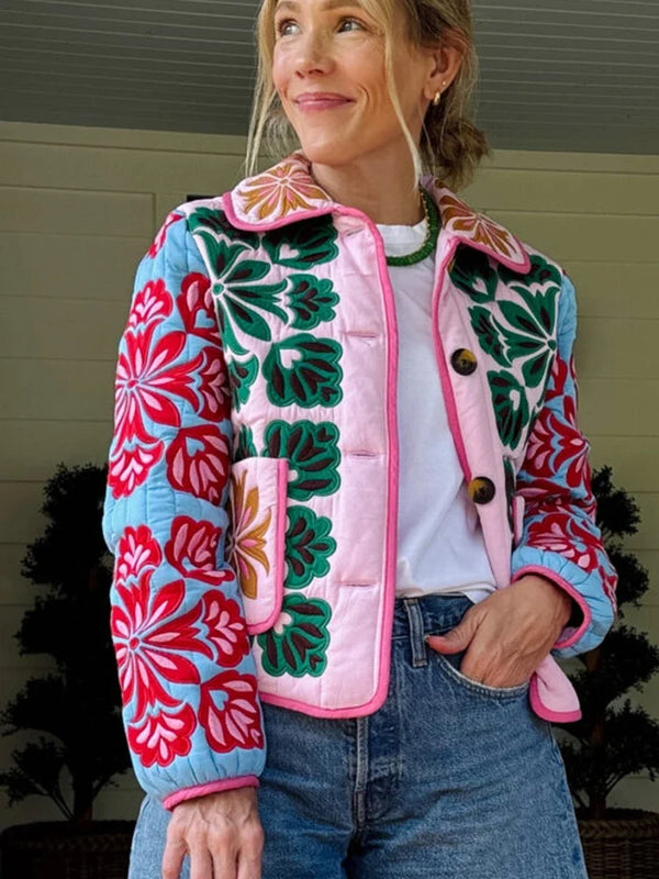 Damen-Steppjacke mit mehrfarbigem Blumenmuster
