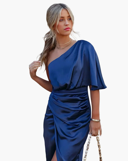Robe midi asymétrique de soirée pour femme, style drapé élégant, usage événementiel et cocktail