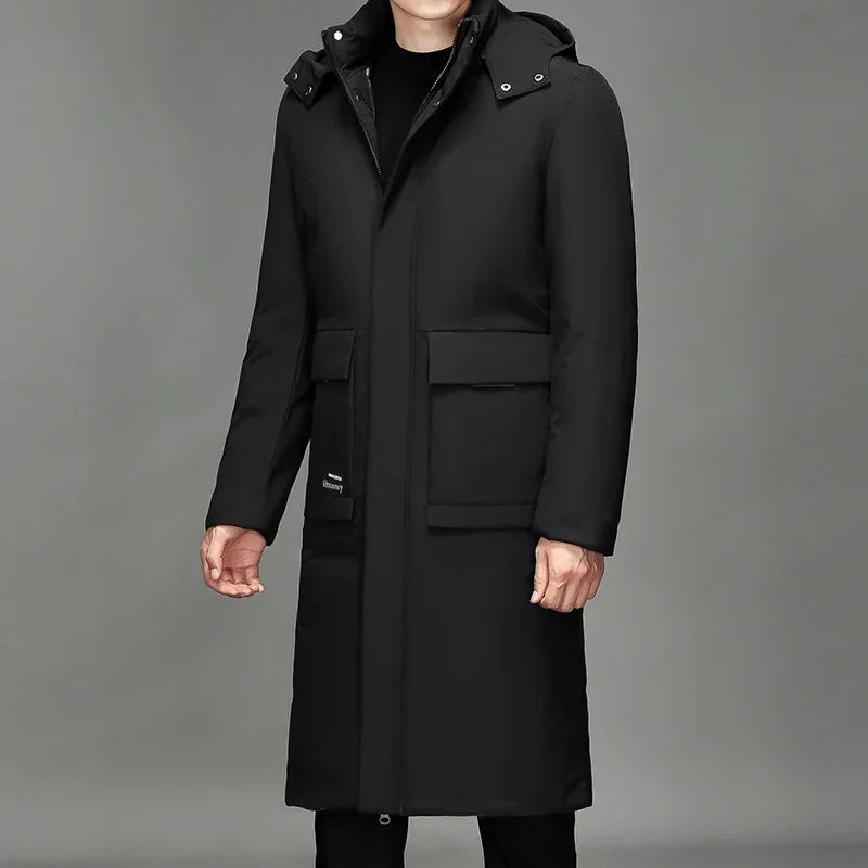 Manteau long à capuche pour homme noir matelassé uni