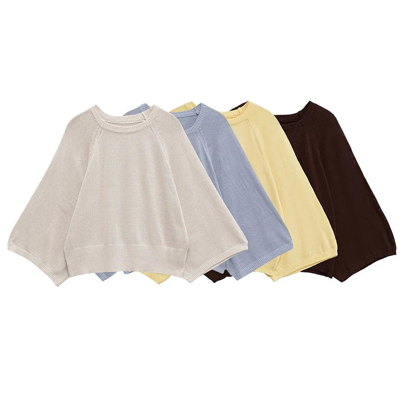 Pull en maille ras du cou manches chauve-souris ample Femme
