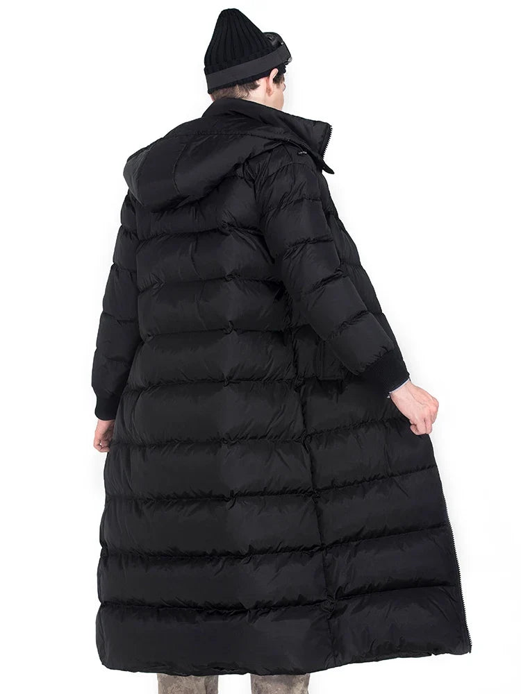 Doudoune longue noire matelassée à capuche pour homme avec bande latérale logo