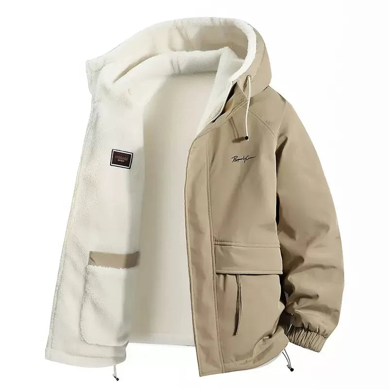 Varm fôret hettejakke for menn med klafflommer - beige