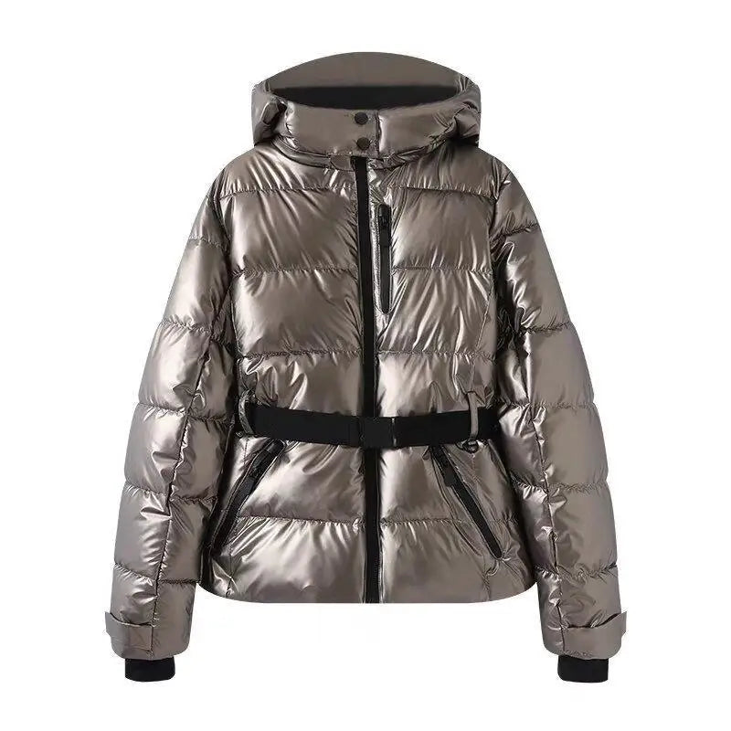 Women's quilted puffer jacket with a removable hood and gold elastic belt