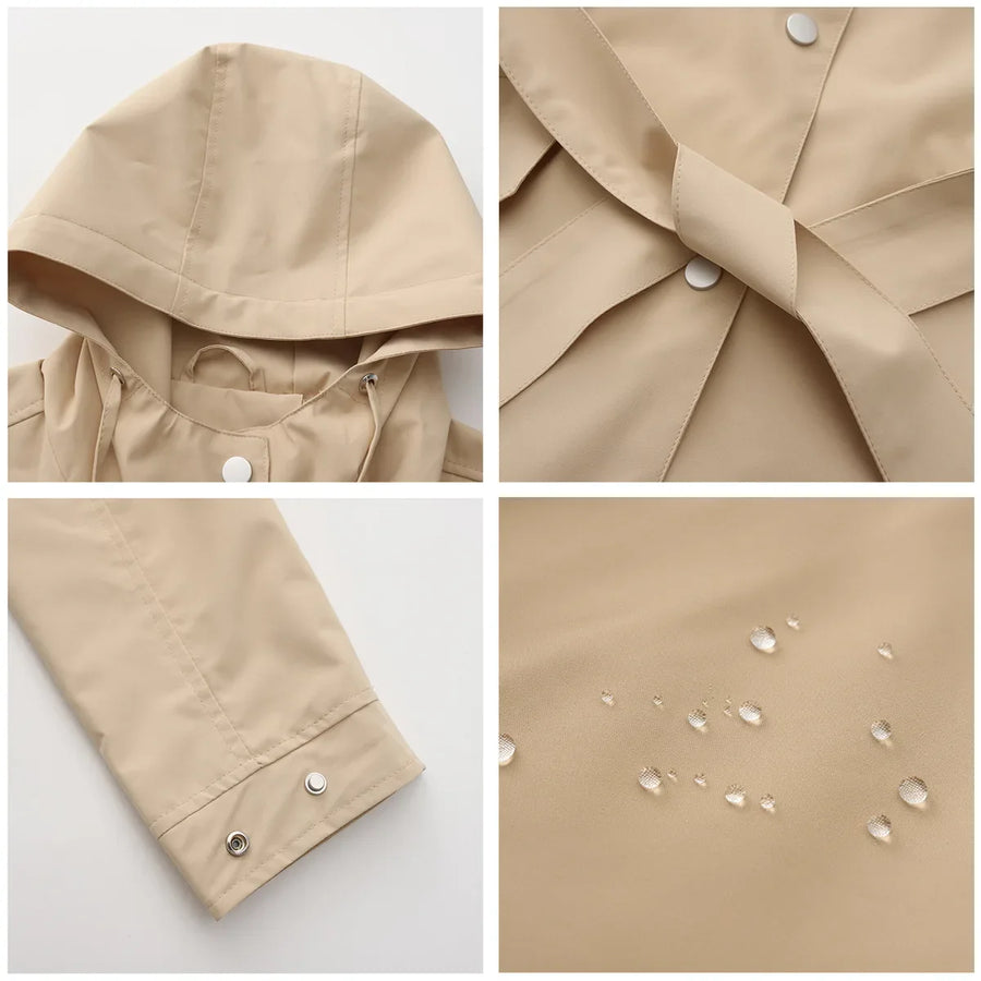 Imperméable Femme à Capuche Ceinturé Boutons Manches Longues