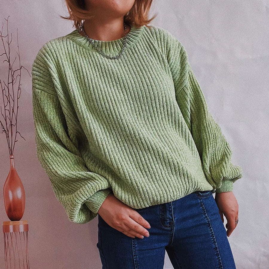 Pull côtelé ample pour femme Col rond Manches longues bouffantes